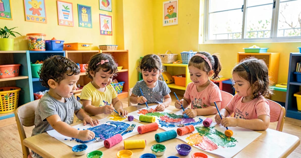 plano de aula pintando com ferramentas: crianças da creche pintando com esponjas e rolinhos