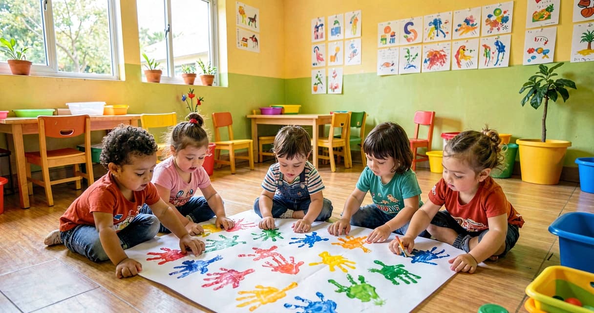 plano de aula pintura com o corpo: crianças da creche pintando com as mãos