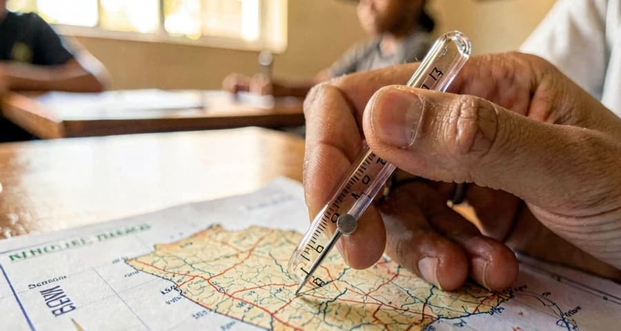 Bússola e mapa: estudante usando bússola para orientar-se em mapa geográfico na aula