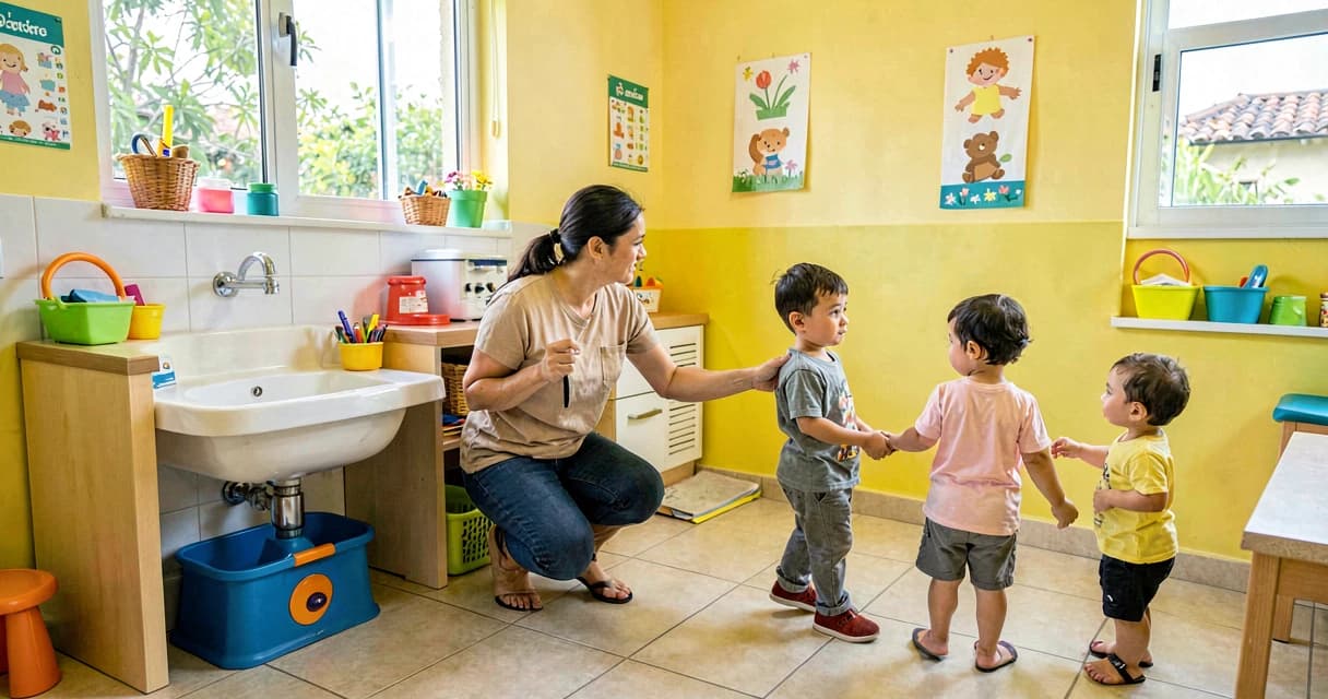 plano de aula rotina do banheiro: crianças da creche praticando autonomia no banheiro