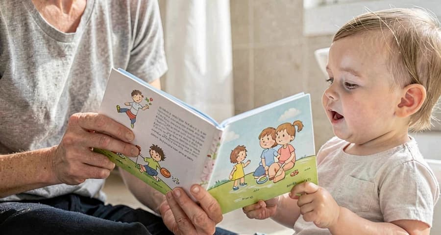 educadora apresentando livro sobre rotina do banheiro para crianças na creche