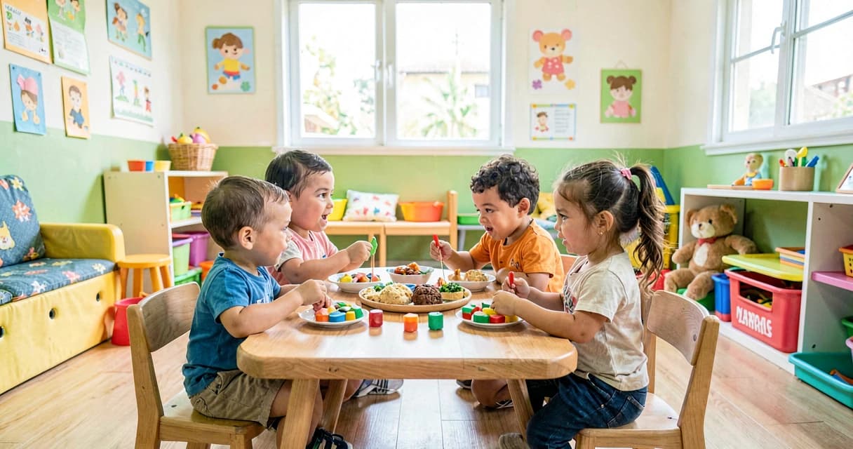 plano de aula banquete de mentirinha: crianças da creche compartilhando comida de brinquedo