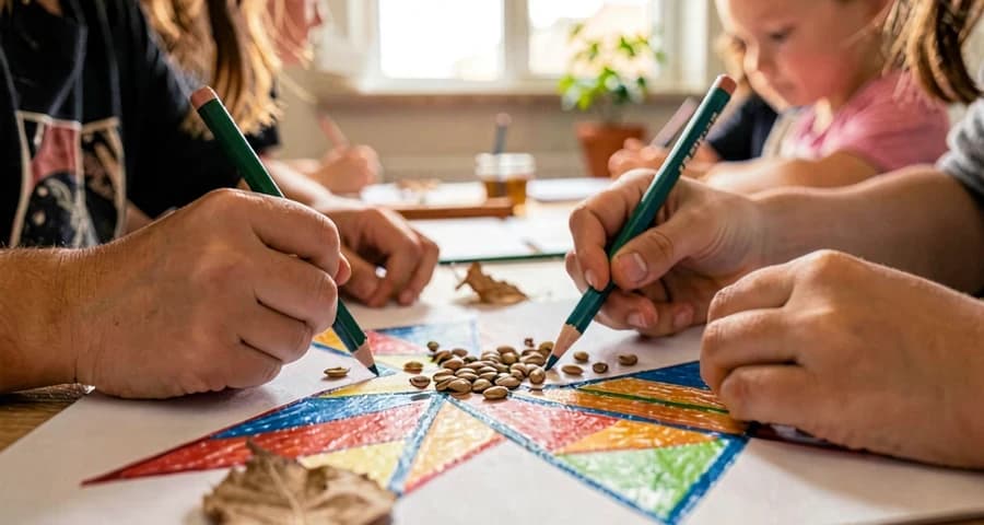 Atividade de arte indígena: crianças criando desenhos com padrões geométricos e materiais naturais em sala de aula