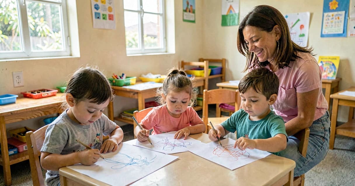 Aula de arte na creche: crianças pequenas desenhando com lápis de grafite em mesa baixa