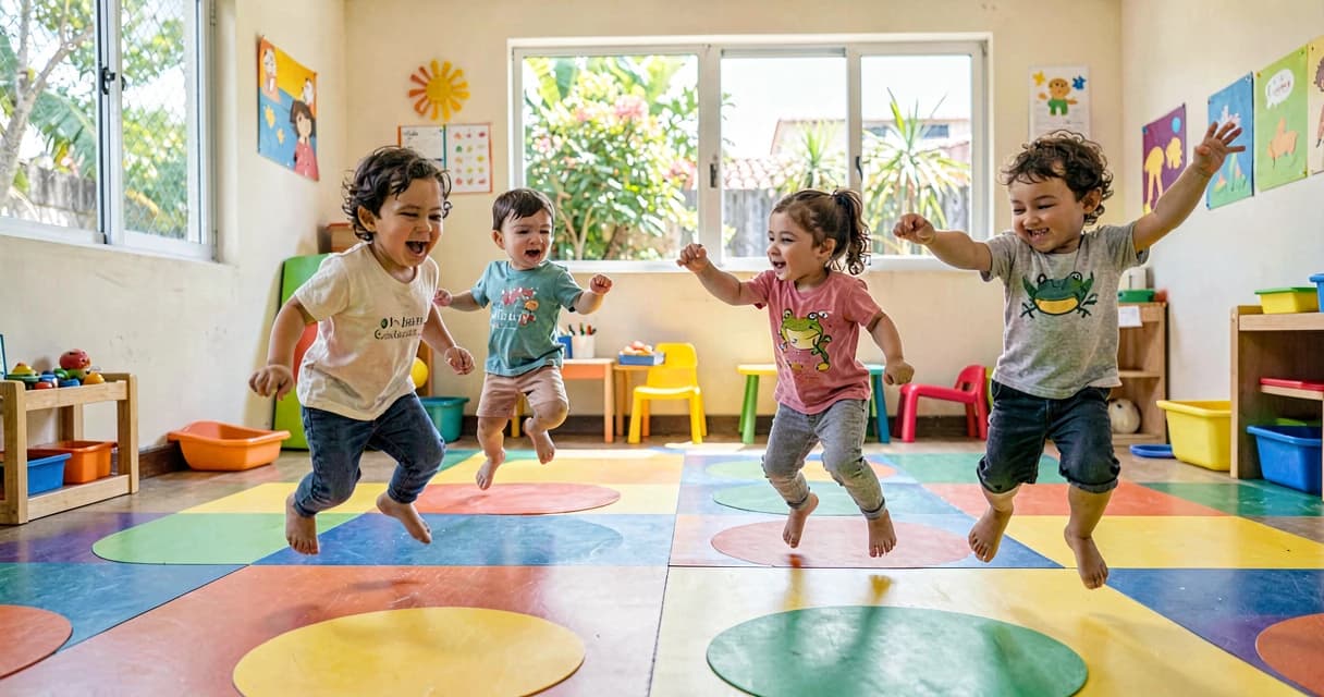 plano de aula pulando como sapo: crianças da creche saltando em circuito colorido