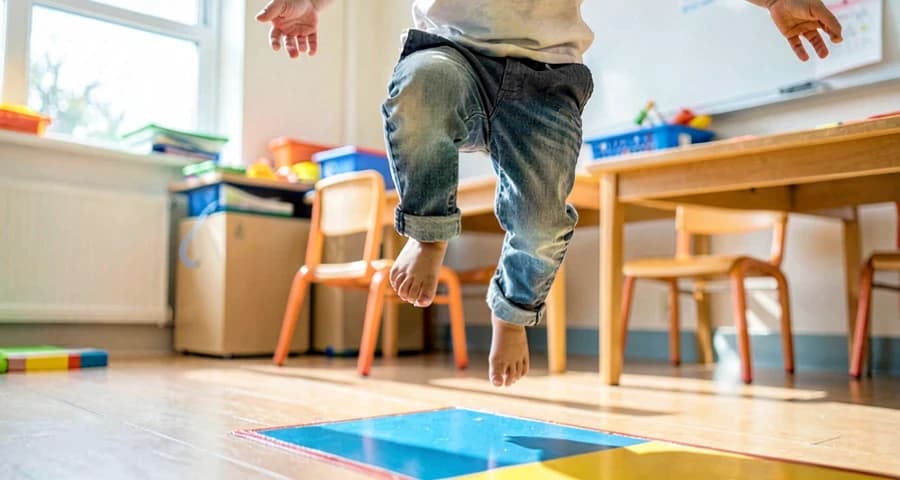 criança da creche saltando sobre marcação colorida em circuito de salto
