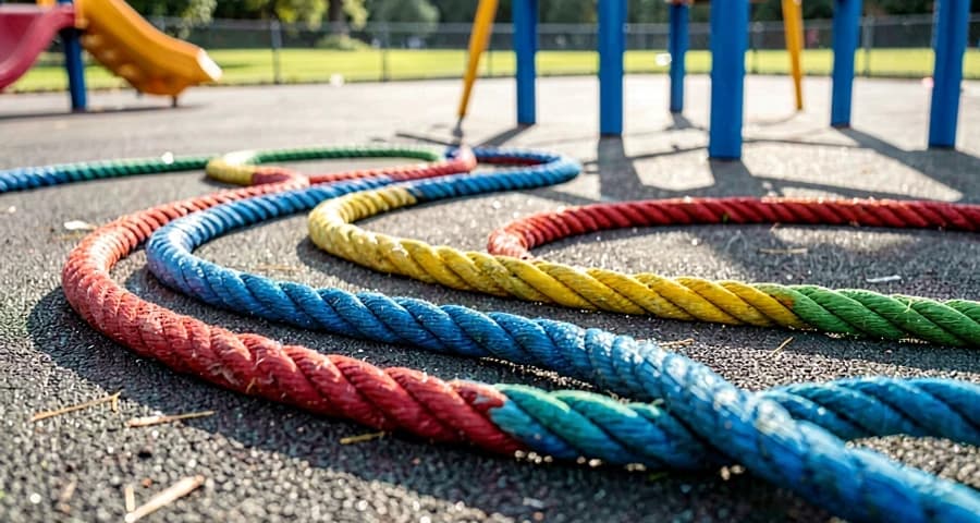 cordas coloridas formando trajeto sinuoso no chão do pátio da creche