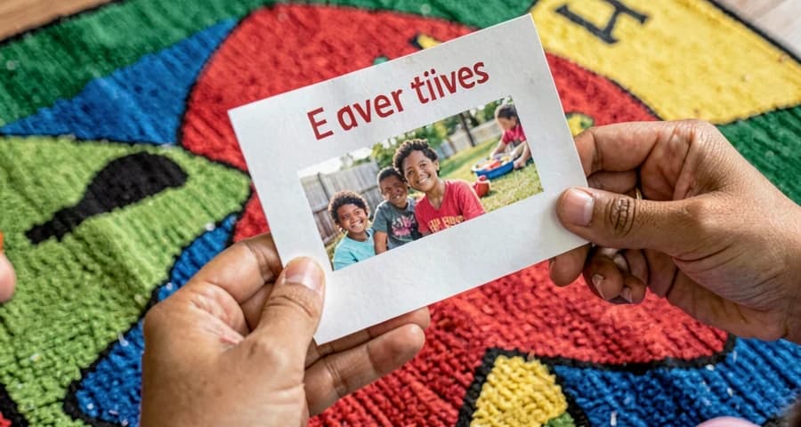criança da creche segurando cartão com o próprio nome durante atividade de identidade