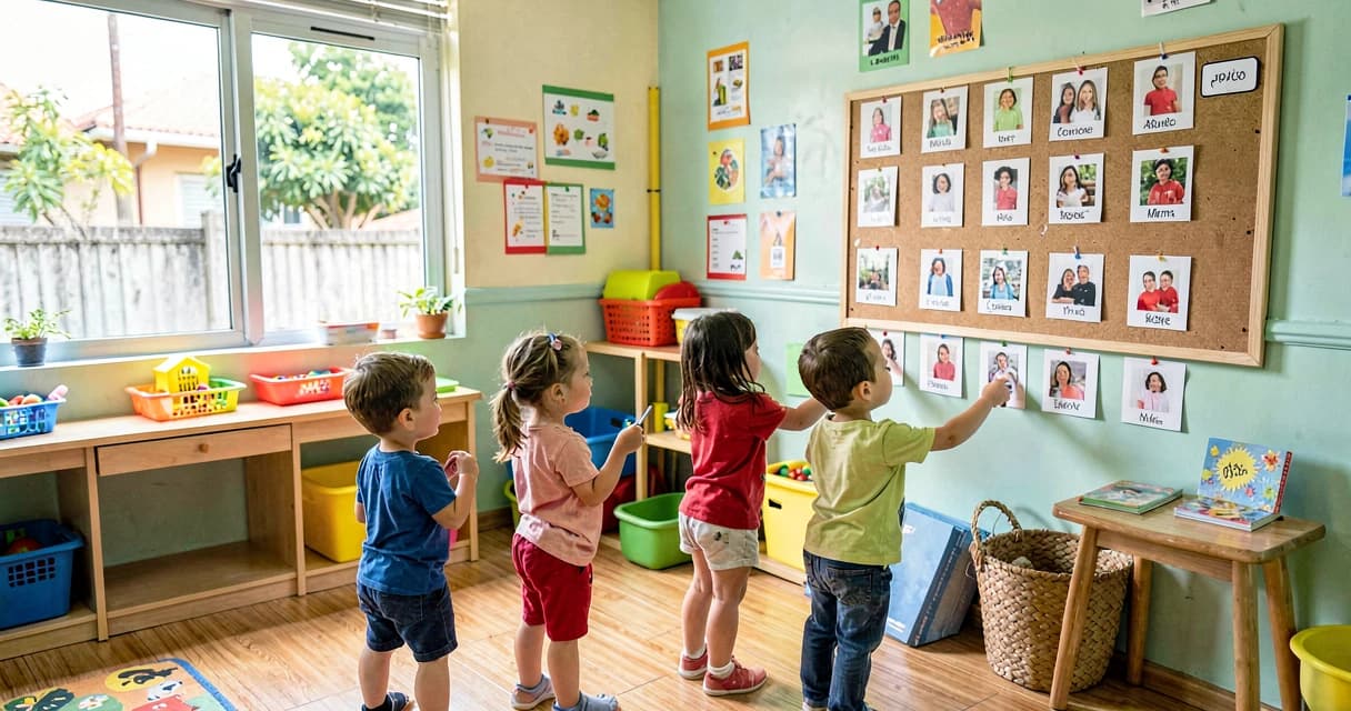 plano de aula reconhecendo presença: crianças da creche organizando mural de chamada