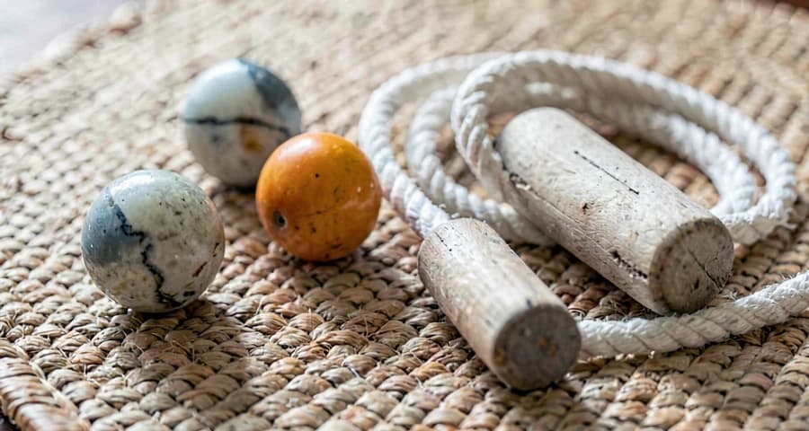 objetos de brincadeiras tradicionais usados em atividade cultural na creche