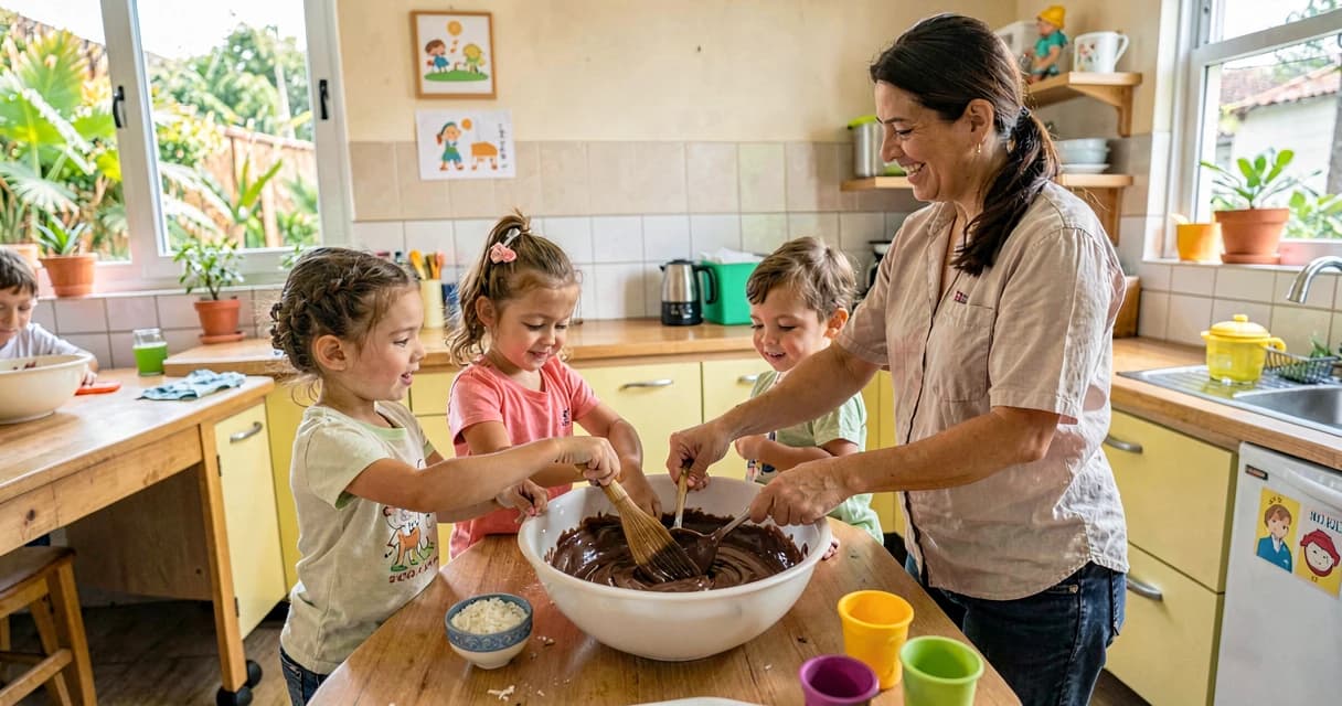 plano de aula receita de cajuzinhos: crianças da creche participando de preparo culinário