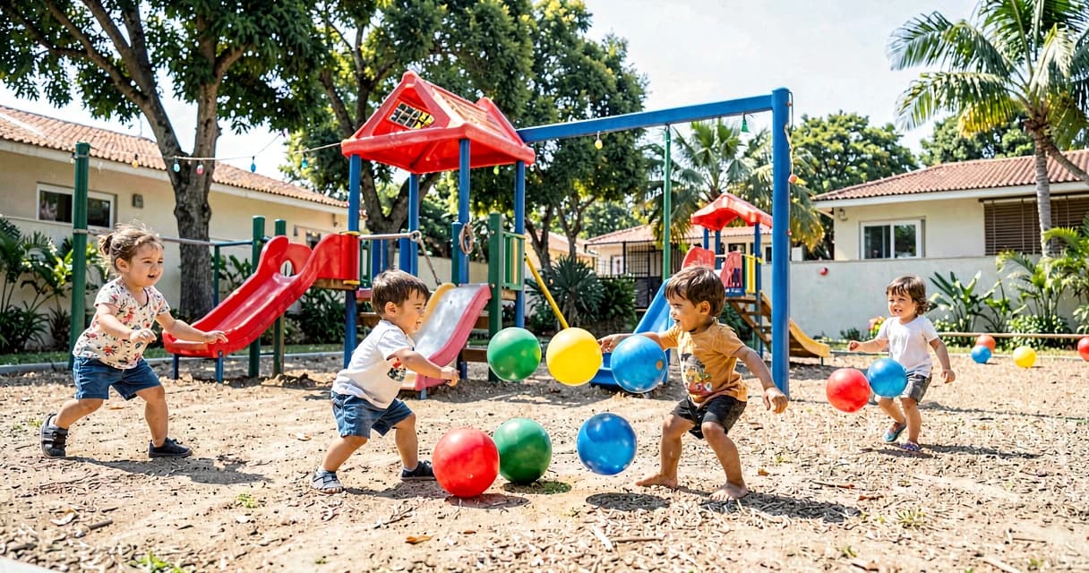 plano de aula bolas coloridas: crianças da creche brincando de rolar e chutar bolas