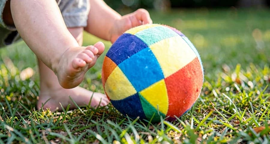 criança da creche prestes a chutar bola colorida durante atividade motora