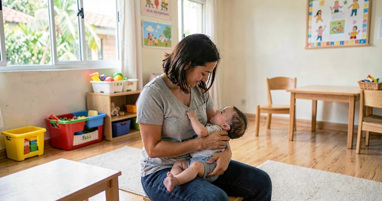 plano de aula canção de ninar: educadora embalando bebê ao som de música suave