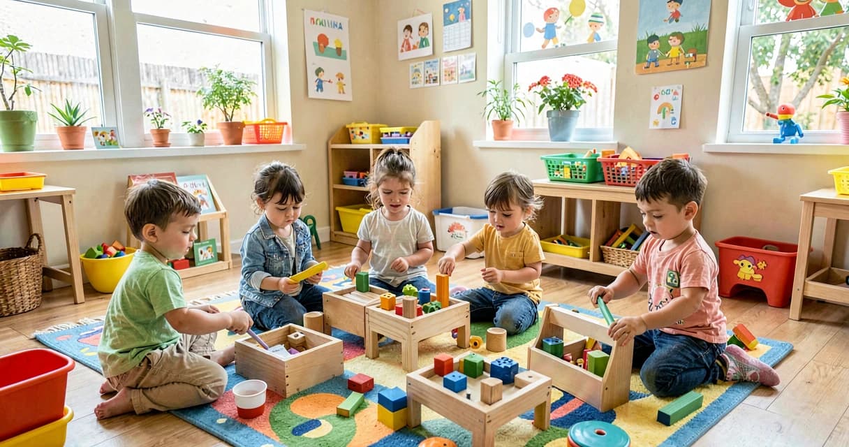 plano de aula construção livre: crianças da creche escolhendo materiais de construção