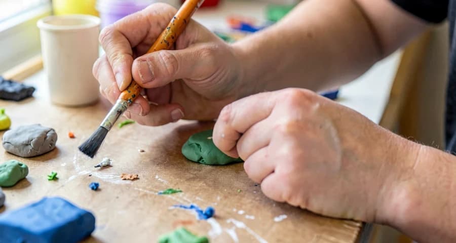 criança da creche criando com massinha em estação de ateliê de artes