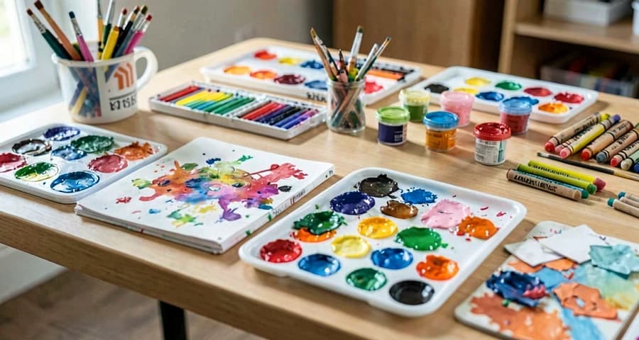 estações de materiais artísticos organizadas para atividade na creche