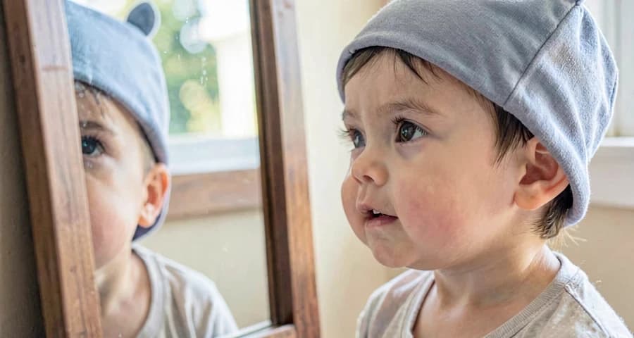 criança da creche se observando no espelho vestida de personagem