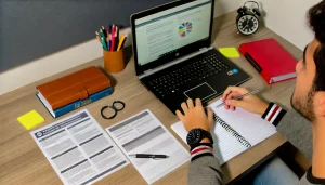 Estudante pesquisando oportunidades de bolsas de estudo internacionais em um laptop, com cadernos e materiais de estudo ao redor.