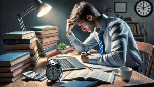 Estudante demonstrando persistência e resiliência estudando tarde da noite com livros, cadernos e um laptop em uma mesa.