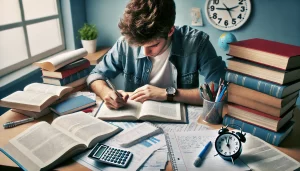 Estudante estudando intensamente com livros e cadernos espalhados em uma mesa.