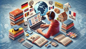 Estudante praticando um idioma estrangeiro com livros e um computador com aula de idiomas online.