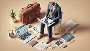 Estudante se preparando para uma entrevista com um laptop, anotações e uma roupa formal.
