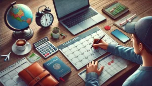 Estudante planejando com antecedência com um calendário, cadernos e um laptop em uma mesa.