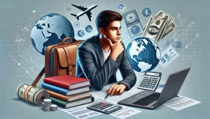 Estudante considerando bolsas parciais com materiais de estudo, documentos financeiros e um laptop em uma mesa.