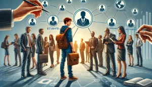 Estudante aproveitando oportunidades de networking com um grupo de estudantes e profissionais em um evento acadêmico.