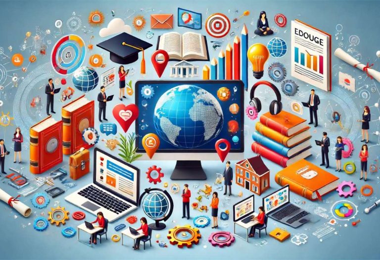 Ícones de educação online mostrando livros, computadores e alunos de diferentes partes do mundo conectados virtualmente.