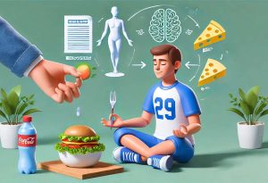  Estudante cuidando da saúde mental e física, fazendo exercícios ao ar livre, meditando e comendo uma refeição saudável.