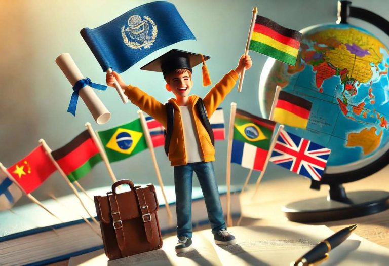 Estudante comemorando a conquista de uma bolsa de estudos internacional, segurando um diploma e uma bandeira de outro país.