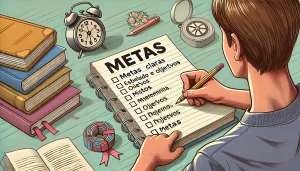 Estudante escrevendo metas claras em um caderno.