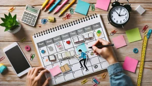 Estudante criando um cronograma de estudos com um calendário e post-its.