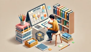 Estudante organizando pastas, cadernos e livros.