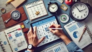 Estudante usando planner, relógio e aplicativo de calendário.