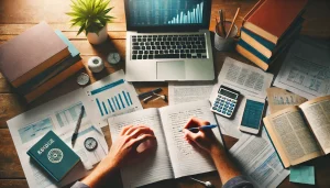 Estudante revisando estudos com cadernos abertos e anotações.