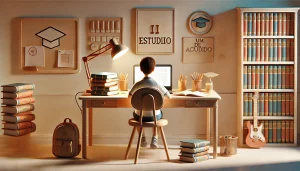 Estudante em um ambiente de estudo organizado e iluminado.