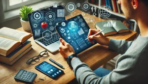 Estudante usando tablet, smartphone e laptop para estudar.