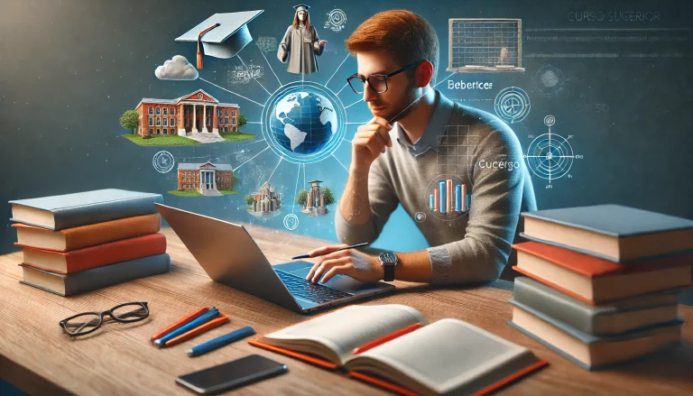 Estudante escolhendo o curso superior ideal com livros, laptop e anotações em uma mesa.
