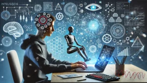 Estudante explorando o conceito de Inteligência Artificial com gráficos de algoritmos, robôs e redes neurais em um laptop.