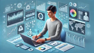 Estudante analisando estatísticas sobre cursos de Inteligência Artificial, com gráficos, dados e um laptop.
