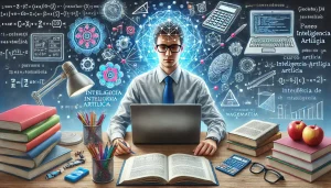 Estudante desenvolvendo habilidades necessárias para fazer um curso de Inteligência Artificial, com livros, laptop, e elementos relacionados a programação e matemática.