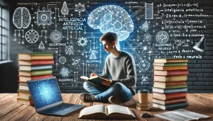 Estudante aprendendo sobre Inteligência Artificial, com livros, laptop e gráficos de algoritmos e redes neurais.