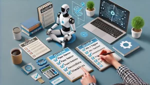 Estudante seguindo um guia passo a passo para se inscrever em um curso de Inteligência Artificial, com checklists, cadernos e um laptop.