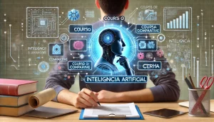 Estudante escolhendo o curso de Inteligência Artificial certo, com listas comparativas, gráficos e um laptop.