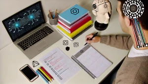 Estudante se preparando para um curso de Inteligência Artificial, com materiais de estudo, cadernos, laptop e listas de verificação.