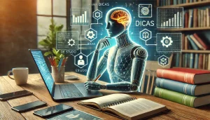 Estudante seguindo dicas para ter sucesso em um curso de Inteligência Artificial, com materiais de estudo, um laptop e gráficos de desempenho.