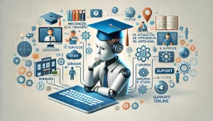 Estudante utilizando recursos e suporte para estudantes de Inteligência Artificial, como serviços de orientação, grupos de estudo e suporte online.